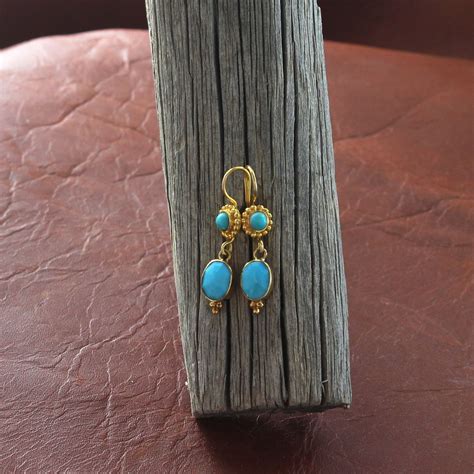 18k Gold And Sleeping Beauty Turquoise Earrings Faceted 2 Stone From