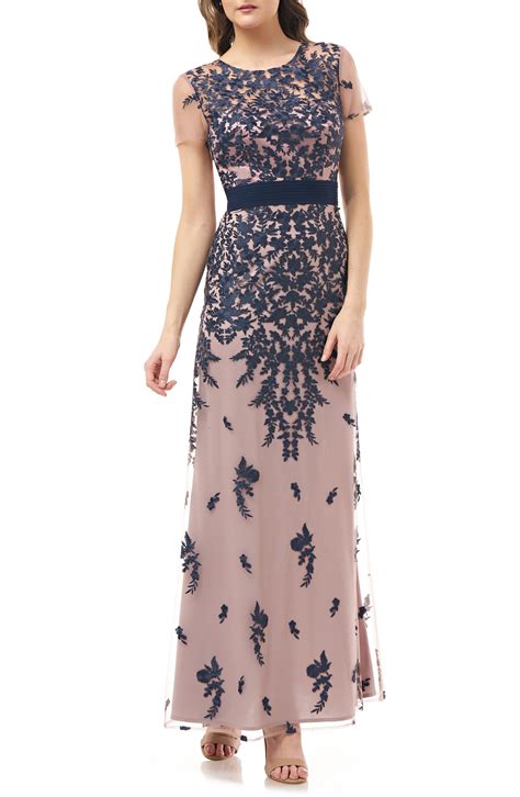 Js Collections Floral Embroidered Evening Dress In Navy Taupe Blue