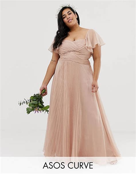 Asos Design Curve Bridesmaid Pleated Bodice Maxi Dress With Flutter Sleeve Asos