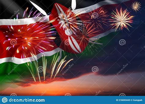 Night Sky With Fireworks And Flag Of Kenya Stock Image Image Of