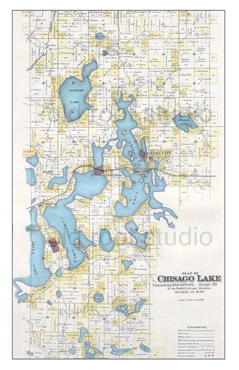 Hand Painted Map Of Chisago Lakes Minnesota 1888 Vintage Chisago Map