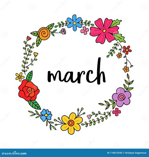 Spring Floral Wreath Vector With March Writing Stock Vector