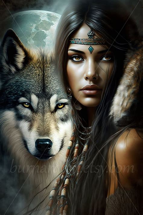 a woman with wolf makeup and headdress standing in front of a full moon