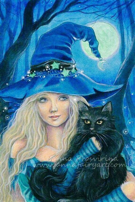 Beautiful Halloween Blue Witch With Her Black Cat In The Moonlight Of