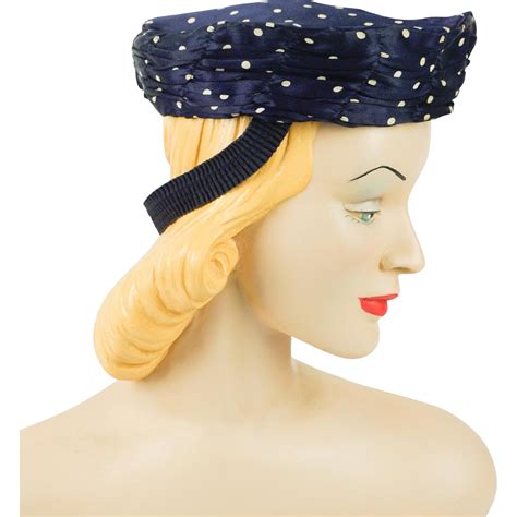 Vintage 1940s Tilt Hat Navy Blue With White Polka Dots Sz 22 12 Hats