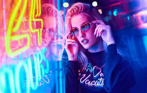 Wallpaper Girl Night Lights Neon Makeup Glasses Hairstyle Blonde