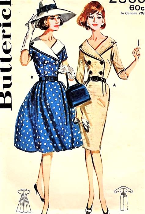 1960s Beautiful Slim Or Full Skirt Dress Pattern Butterick 2560 Flattering Wide Collar Double