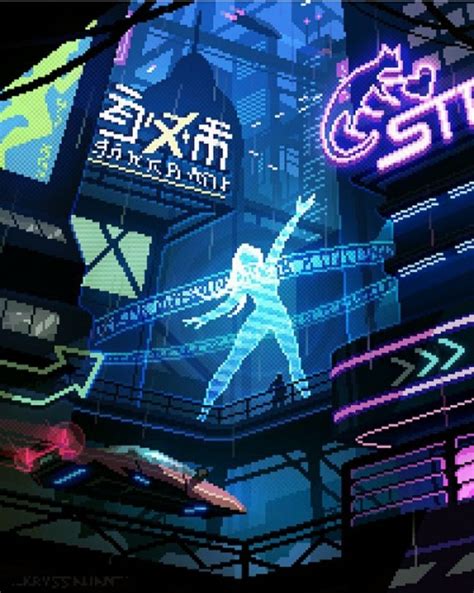 An Animated Image Of A Person In Front Of Some Neon Signs And Buildings