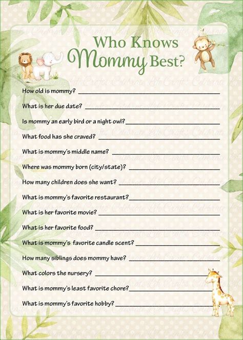 Who Knows Mommy Best Game Printable Download Safari Baby Shower