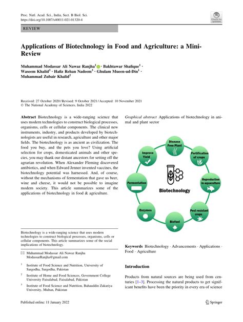 Pdf Applications Of Biotechnology In Food And Agriculture A Mini Review