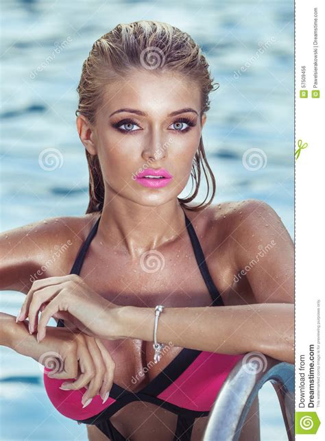Portrait Of Blonde Woman With Perfect Summer Makeup Stock