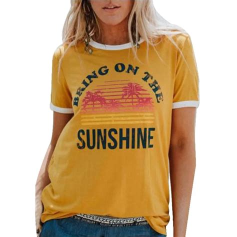 Womens Simple Yellow Letter Printed Patchwork T Shirt Fresh Fashion College Short Sleeve Round
