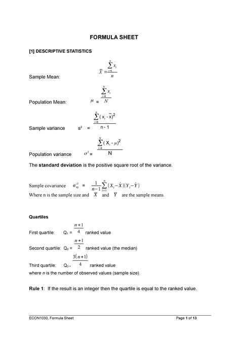 Statistics Formula Sheet