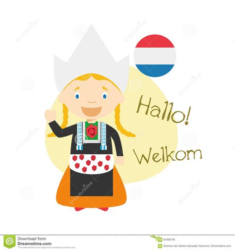 Cartoon Characters Saying Hello And Welcome In Dutch Stock Vector