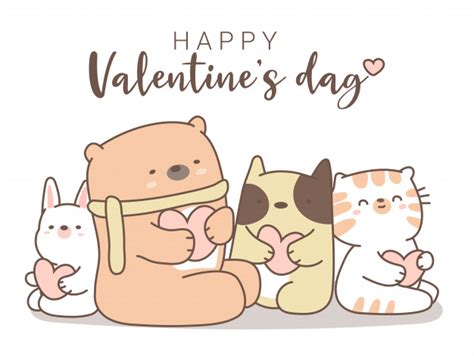 Happy Valentines Day With Cute Animal Cartoon Hand Drawn