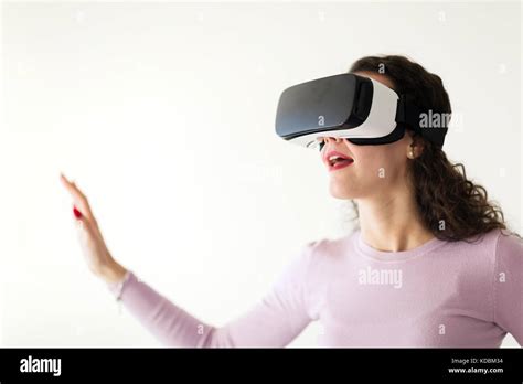 Beautiful Woman Virtual Trying Reality Glasses At Home Stock Photo Alamy