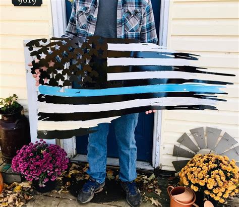 Thin Blue Line Tattered Metal Flag American Aftermarkets Metalworks