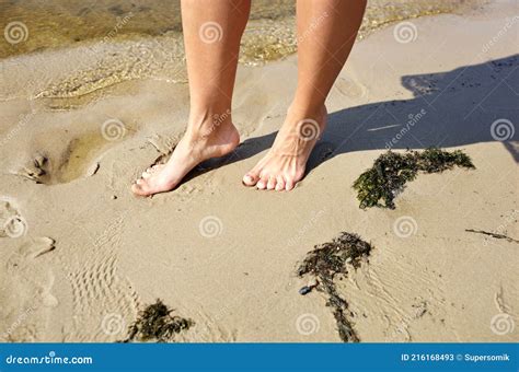 Close Up Of Woman Feet Walking Barefoot On Sand Beach In Sea Water