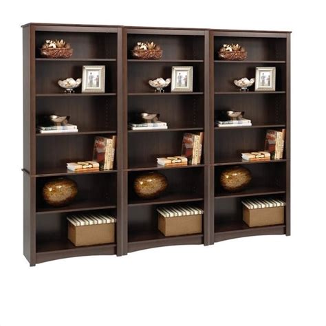 This multifunctional bookcase is made from solid oak wood with glass panel doors and four shelves. 3 Piece 77" 6 Shelf Bookcase Set in Espresso - EDL-3277-K-PKG