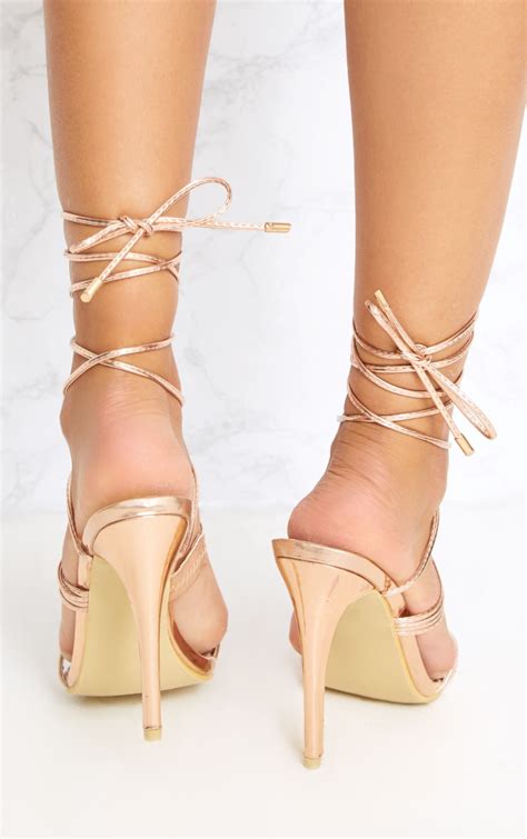 Rose Gold Thin Strappy Lace Up Heels Prettylittlething Usa