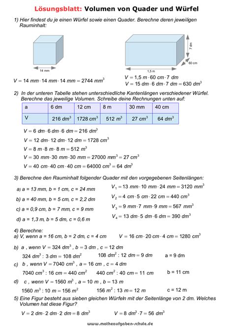 Matheaufgaben für die klassen 1 bis 4. Mathematik 5. Klasse - Volumen
