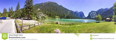 Lake Of Dobbiaco Panoramic View In Summer Stock Image Image Of