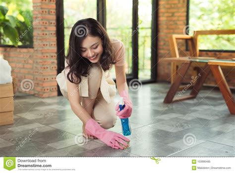 Housework And Housekeeping Concept Woman Cleaning Floor With Mo Stock Image Image Of Concept