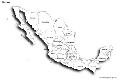 A Black And White Map Of Mexico With All The States Marked In Its Capital