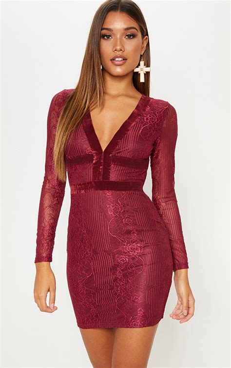 Burgundy Lace Velvet Trim Bodycon Dress Prettylittlething