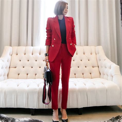 Buy Ol Style Red Women Pant Suits Double Breasted Slim