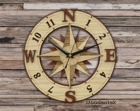 Handmade Compass Wooden Clock Wind Rose Wallclock Original And