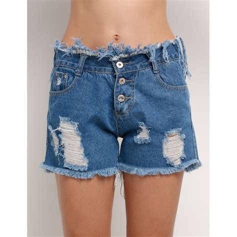 Heavy Distressed Denim Shorts Featuring Frayed Hem And Button Front On