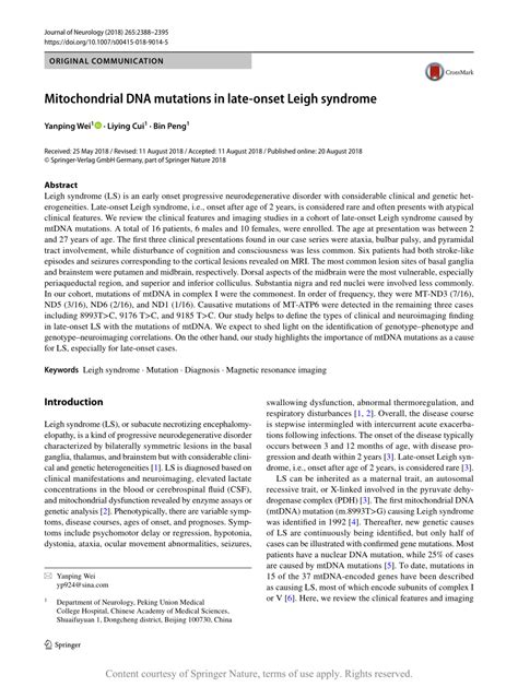 mitochondrial dna mutations in late onset leigh syndrome request pdf