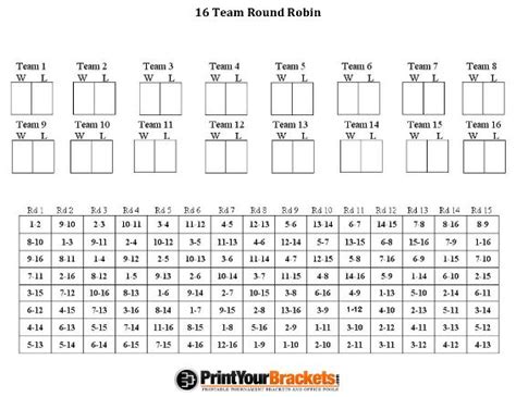 16 Team Round Robin Printable Tournament Bracket Elementary Physical