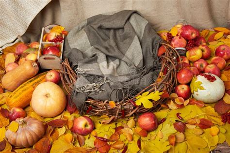 Basket In Autumn Leaves With Apples And Pumpkin Decoration Of Fall