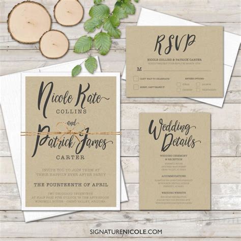 Rustic Wedding Invitation With Rsvp And Detail Cards Quick Delivery
