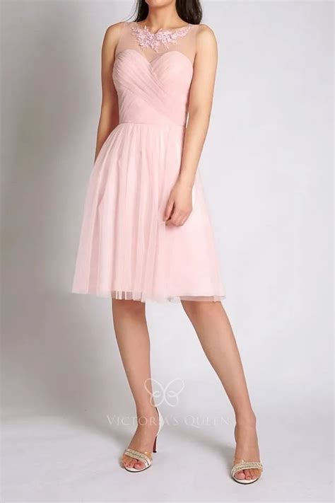Pink Illusion Sweetheart Tulle Short Bridesmaid Dress Vq