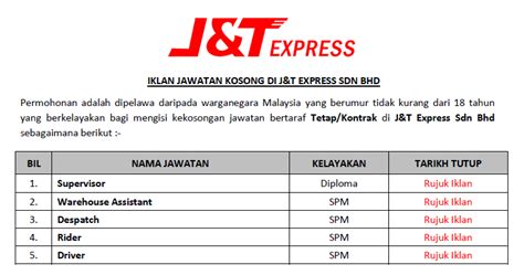 J&t express hotline and email. Jawatan Kosong di J&T Express Sdn Bhd - Kelayakan SPM ...