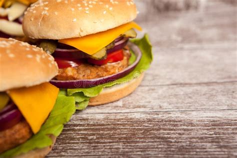 Delicious Tasty Burgers On Wooden Background Stock Image Image Of
