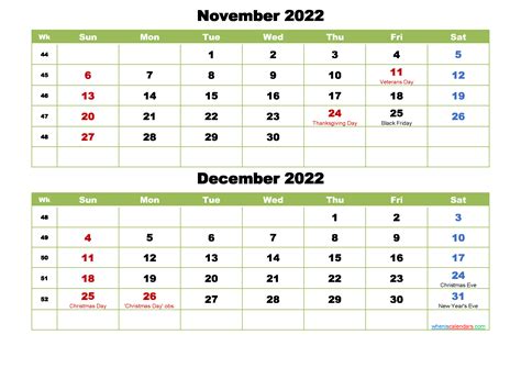 November And December 2022 Calendar With Holidays