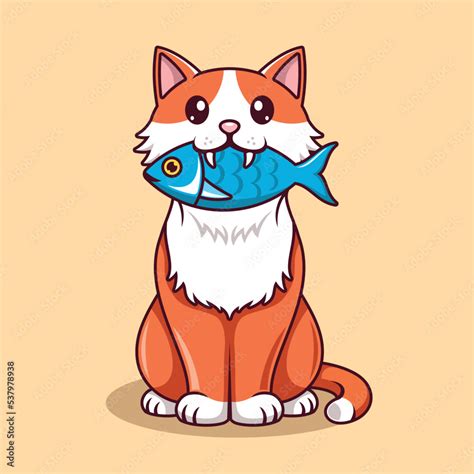 Cute Cat Biting Fish Cartoon Illustration Of Cute Cat Stealing Fish