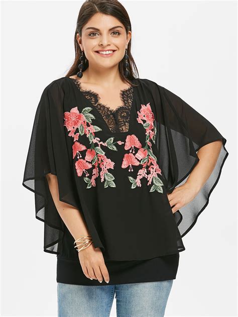 Wipalo Plus Size 5xl Embroidery V Neck Overlay Cape Blouse Women Summer
