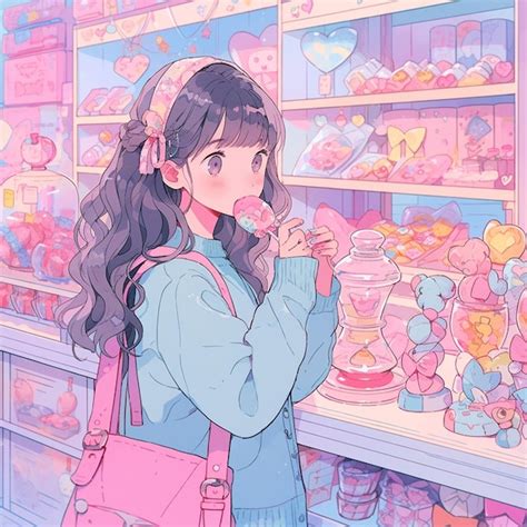 Premium Photo Anime Girl In A Candy Shop With A Pink Bag And A Pink