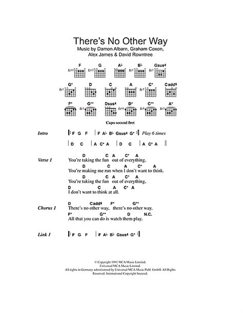 Theres No Other Way Sheet Music By Blur Lyrics And Chords 108408