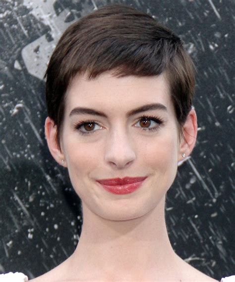 Anne Hathaway Layered Dark Mocha Brunette Pixie Haircut With Side Swept