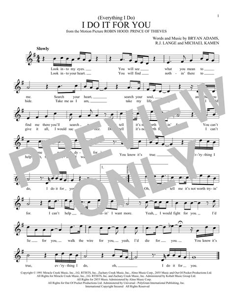 Bryan Adams Everything I Do I Do It For You Sheet Music Notes