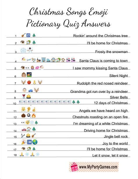 Free Printable Christmas Songs Emoji Pictionary Quiz Answer Key The