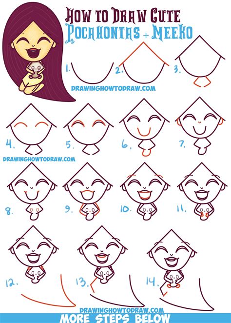 How To Draw A Cute Kawaii Chibi Pocahontas And Meeko Easy Step By