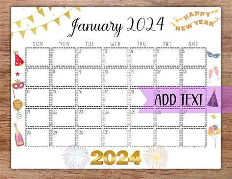 Editable Printable January 2024 Calendar New Years Day Etsy