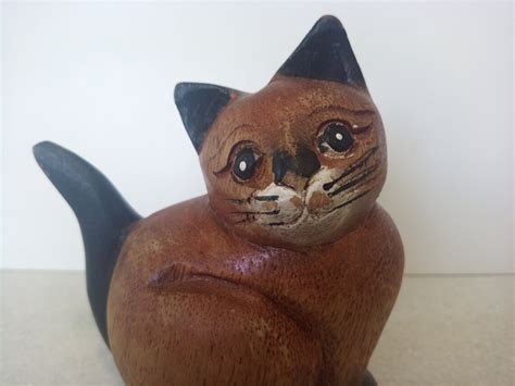 Vintage Wooden Cat Figurine Wood Carved Figurine Of A Kitten Etsy